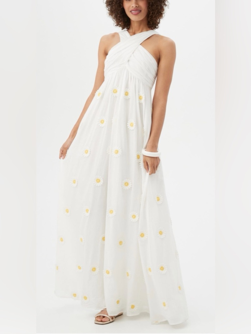 Trina Turk White Daisy Embroidered Maxi  Dress Criss Cross Halter- Size 6